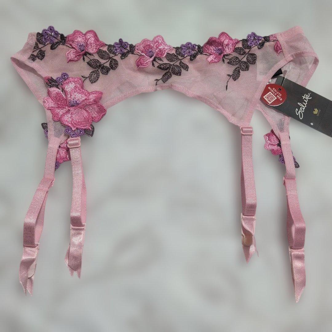 サルート ピンク 花柄 ブラC85TバックLガーターベルトM3セット 色移り