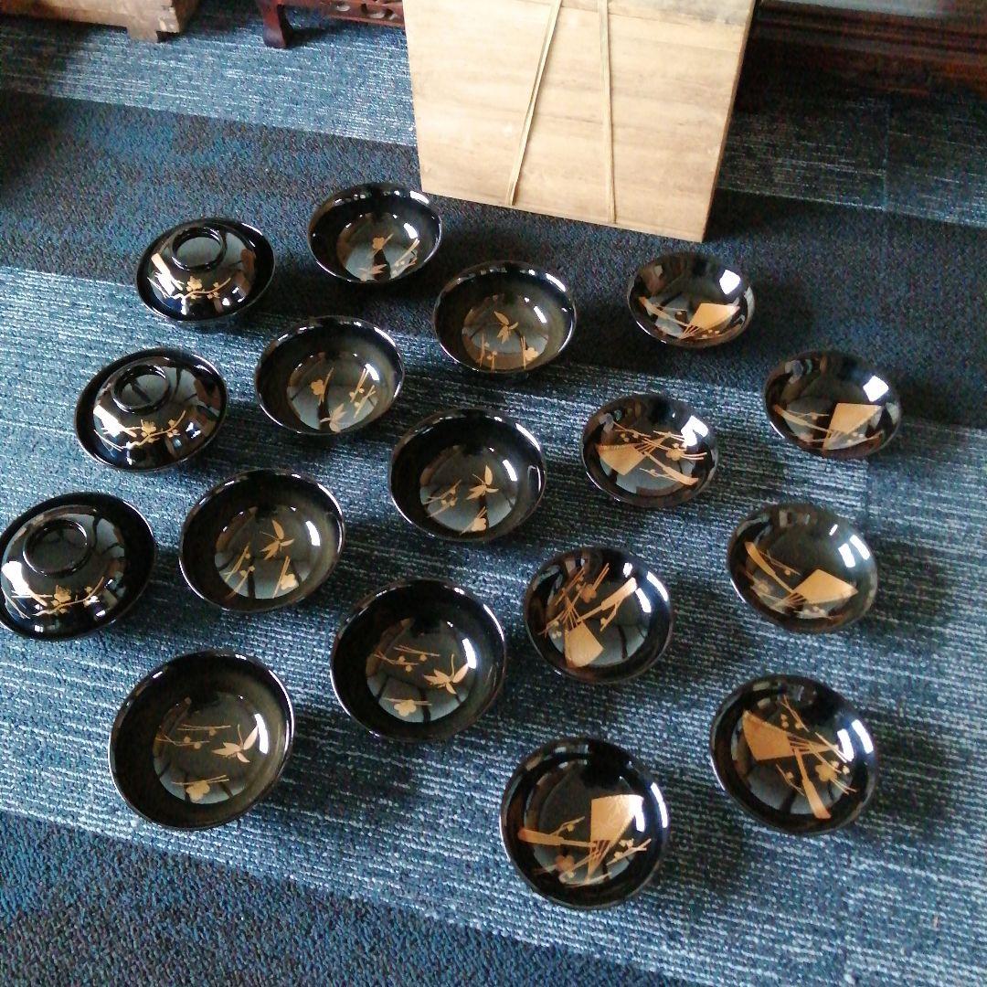 輪島塗　盛上金蒔絵扇形紋蓋付椀　10客　12.9cm　昭和初期