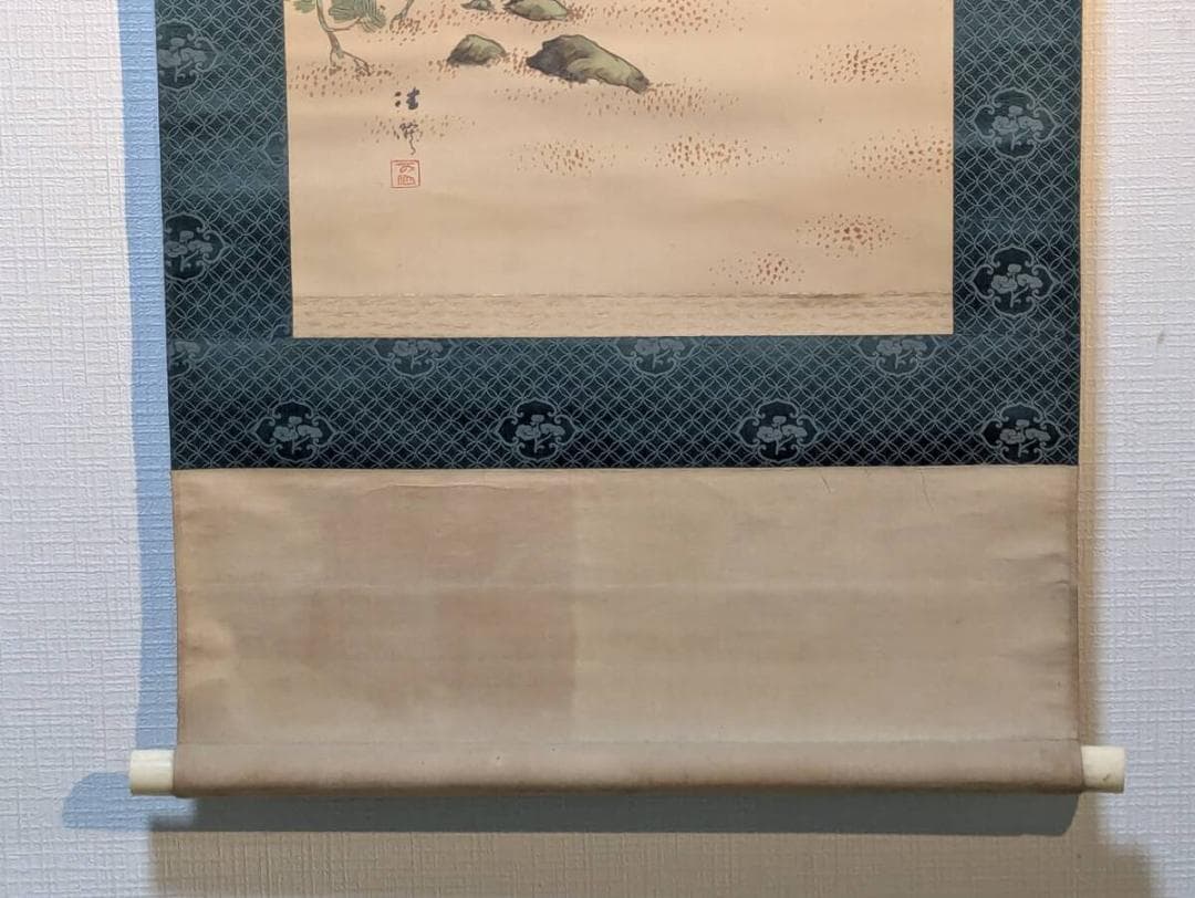 真作】掛軸 鶴図対幅 松上飛翔図と浜辺群鶴図