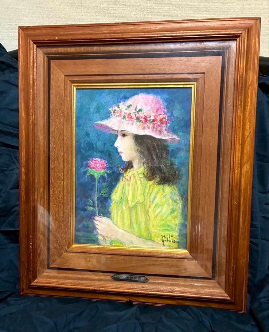 【原画】菊池信博 「少女と花」 油彩／キャンバス 直筆サイン 額装付き