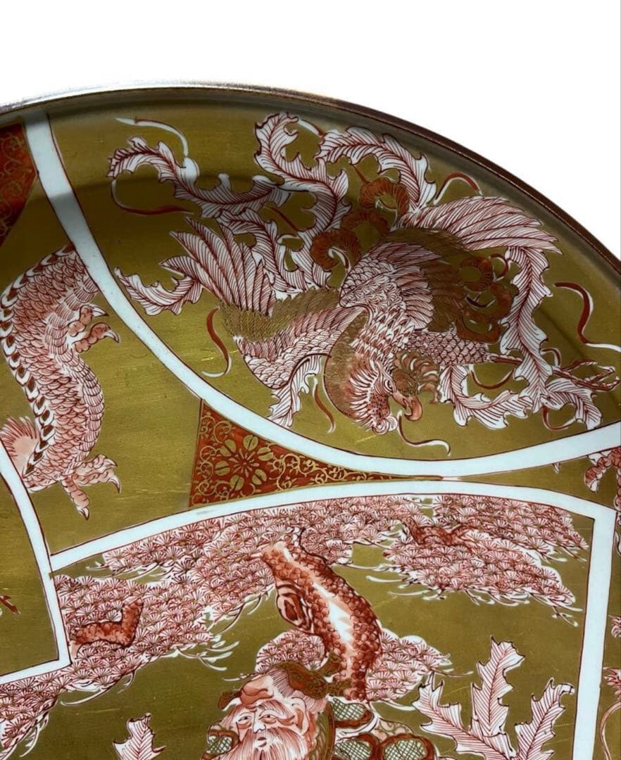 九谷焼 春仙作】金彩色絵大皿 三面構図 共箱付 萬延元年 銘 中嶋屋喜右