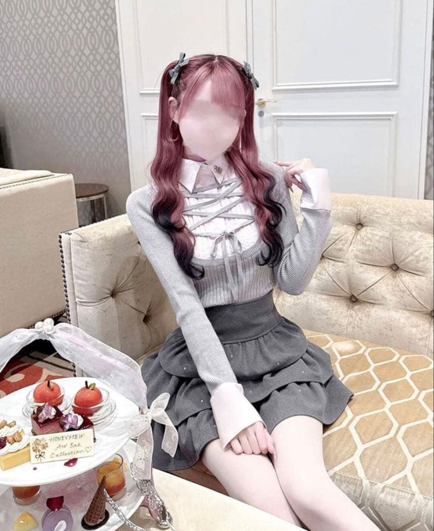 HONEYMEW ハニミュ ハニーミュウ グレー レースアップニットセーター