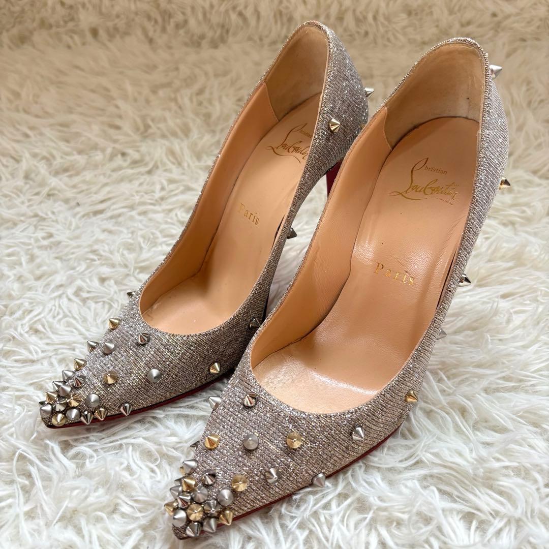 ✨クリスチャンルブタン　シルバーグリッター　スタッズ　パンプス　ハイヒール　23
