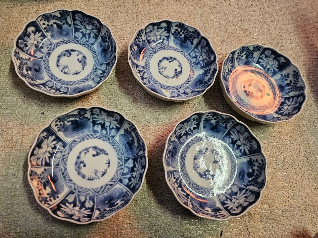古伊万里 上手 江戸後期 藍柿右衛門様式 輪花なます皿 5客セット 古伊万里 上手 江戸後期 藍柿右衛門様式 輪花なます皿 5客セット 古