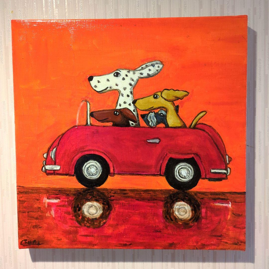 キャンバス油絵  1393確認　ドライブする犬たち