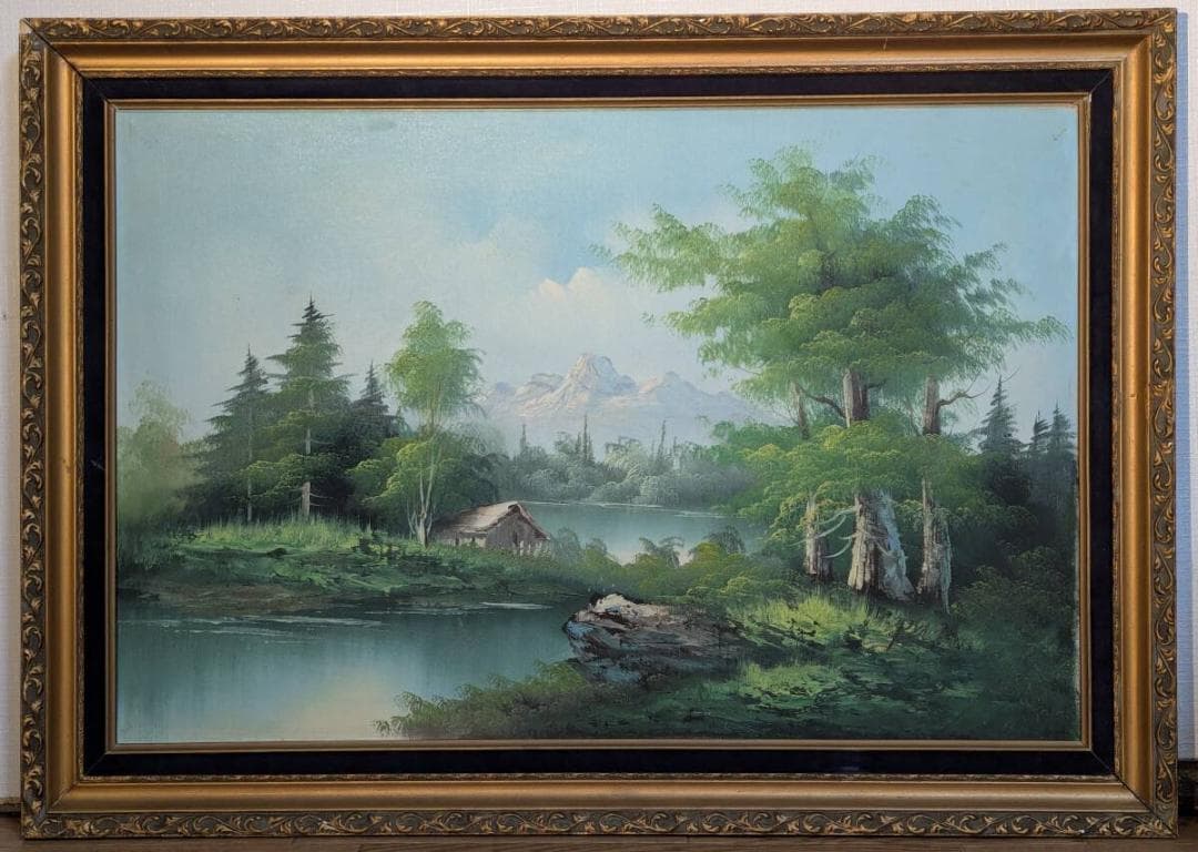 【真作】絵画　油彩　湖畔の山岳風景　水辺の小屋を描いた風景画　Y188