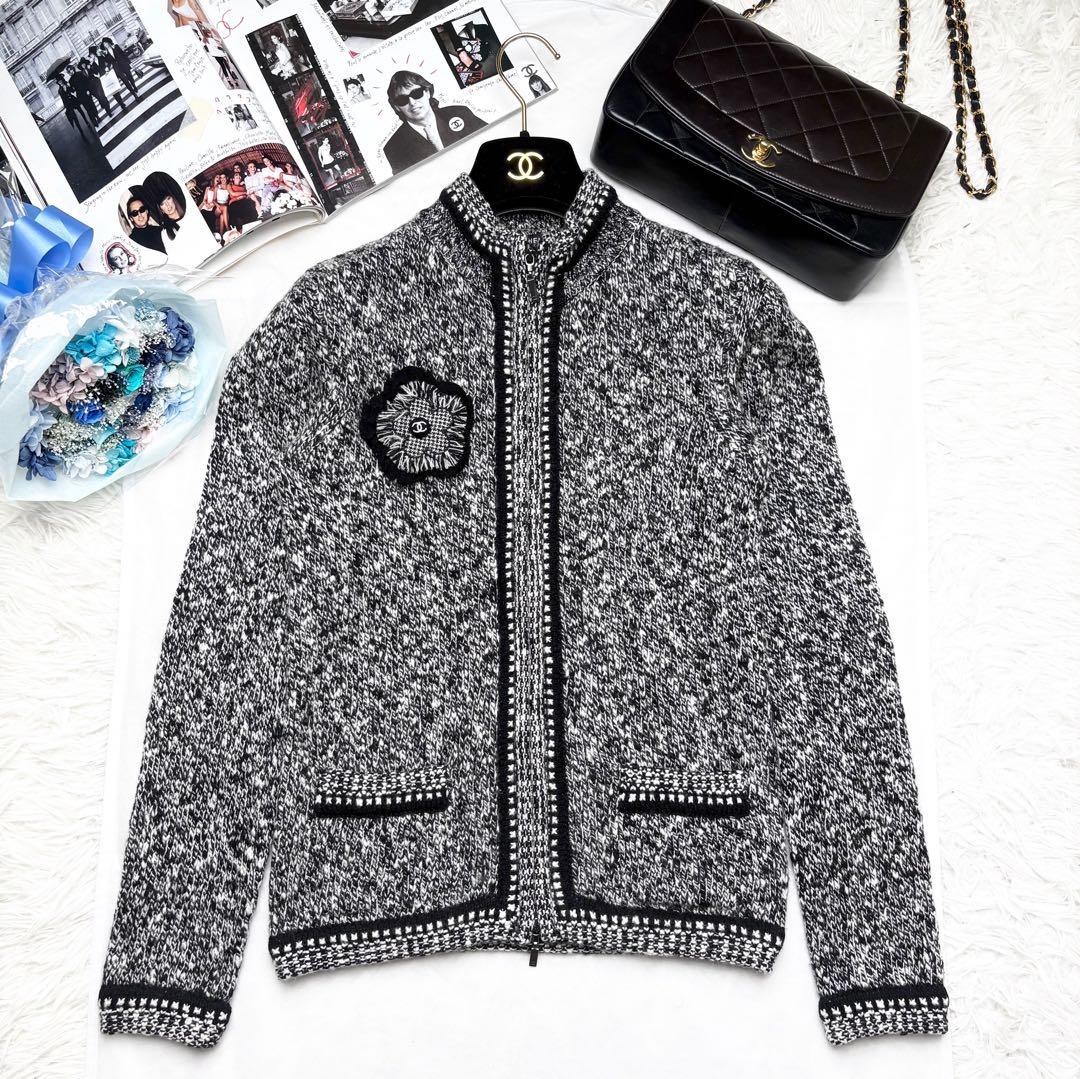 CHANEL 2005 カシミヤ ニットジャケット ジップアップ コサージュ付