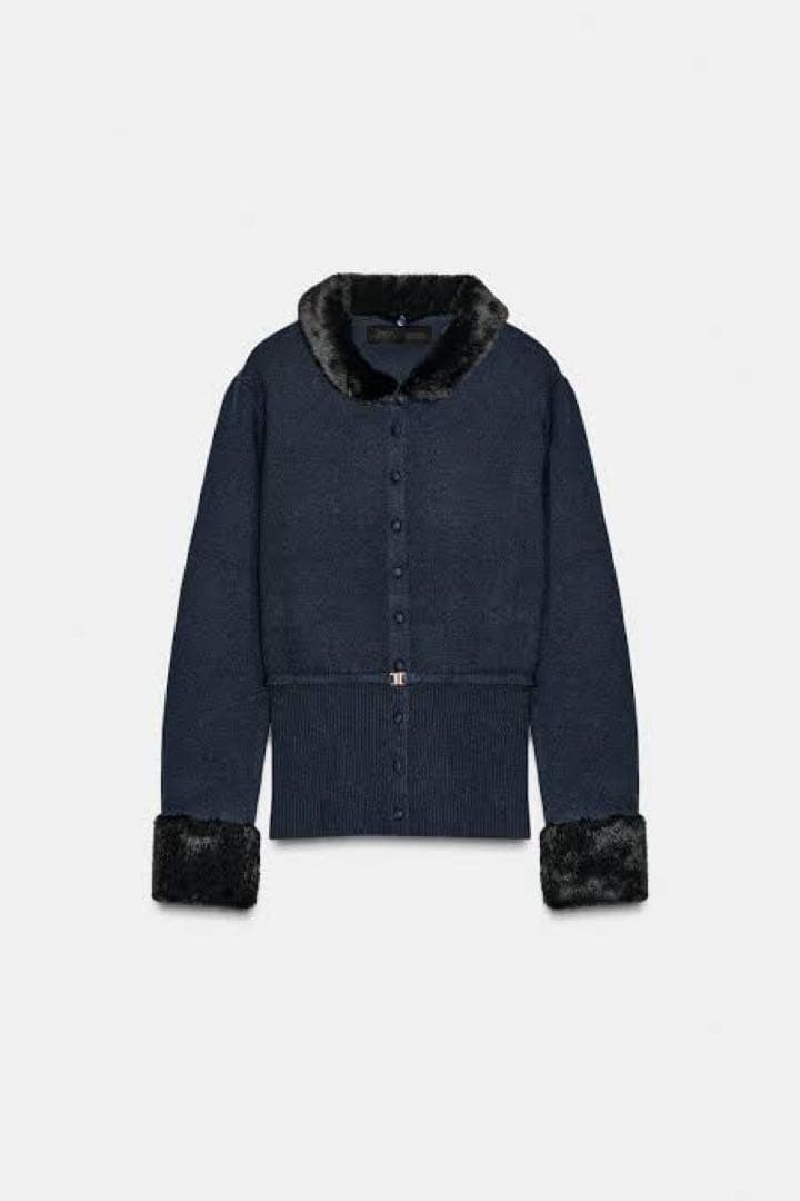 ZARA コントラストニットフェイクファージャケット ネイビー - メルカリ