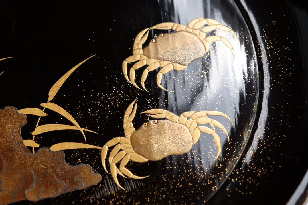 CK91 木製漆器 蟹蘆金蒔絵 黒塗 大徳寺盆 五客 24.5cm 木皿 菓子盆