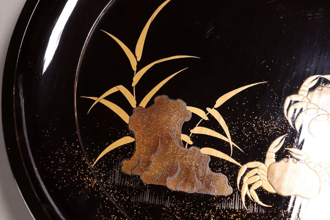 CK91 木製漆器 蟹蘆金蒔絵 黒塗 大徳寺盆 五客 24.5cm 木皿 菓子盆