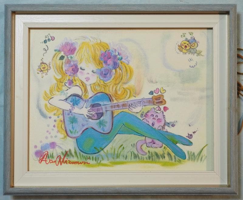 人物画　油絵　水森亜土　金髪の女の子　F6号　額付き　手描き　肉筆