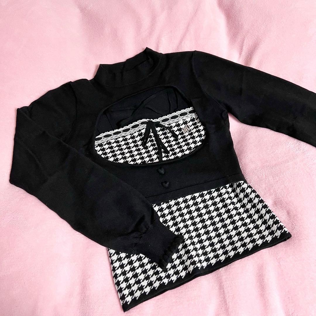 ハニーミュウ 千鳥柄ハイネックアンサンブルトップス　フリーサイズ