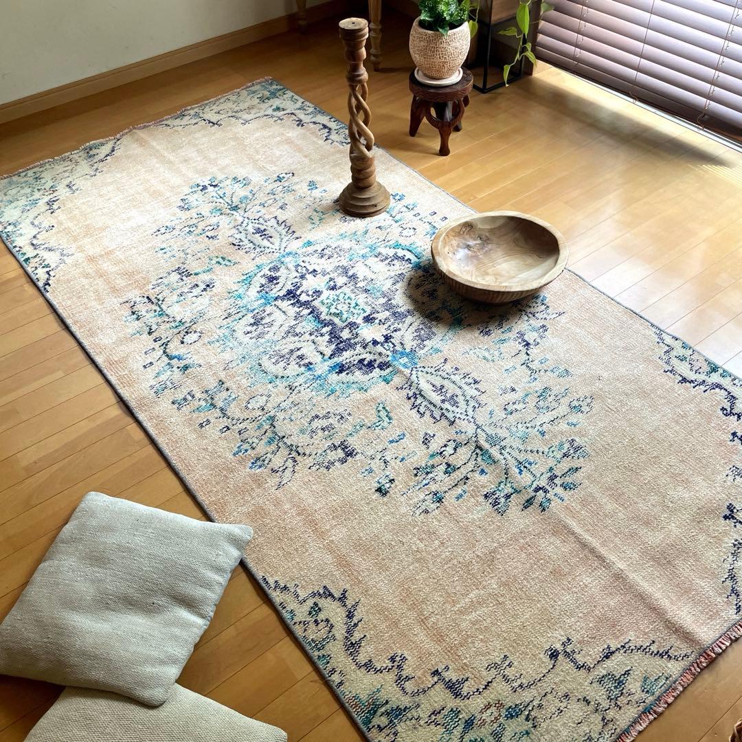 99×222 ペールベージュ×ブルー　メダリオン　擦れトルコヴィンテージラグ