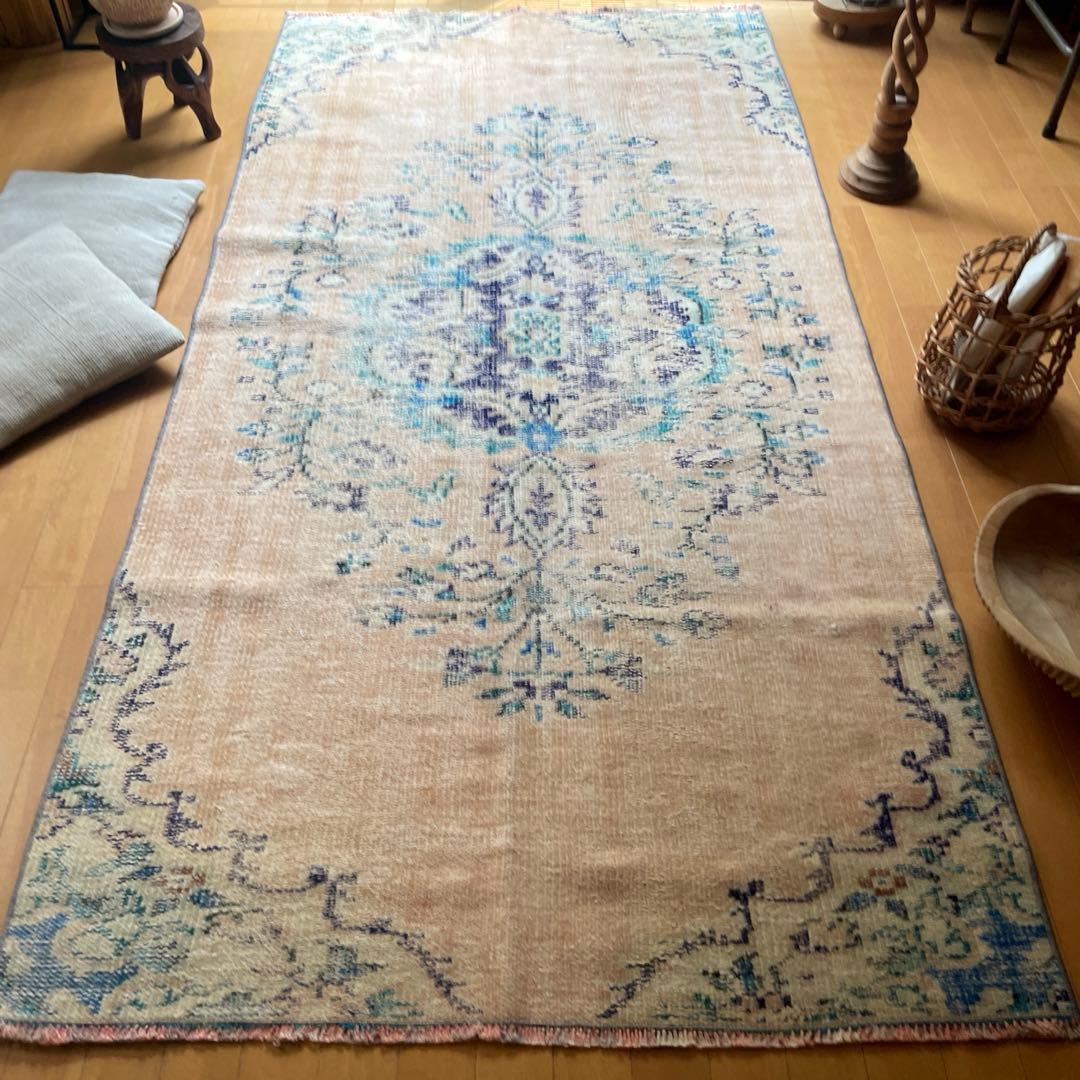 99×222 ペールベージュ×ブルー メダリオン 擦れトルコヴィンテージラグ