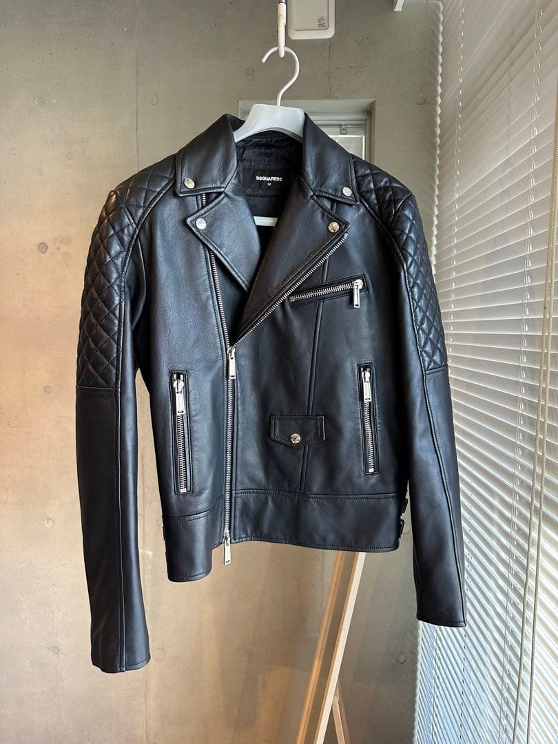DSQUARED2 レザージャケット 50 新作!! 35万!! Dsquared2 バイカー レザーブルゾン ビッグジップ (D