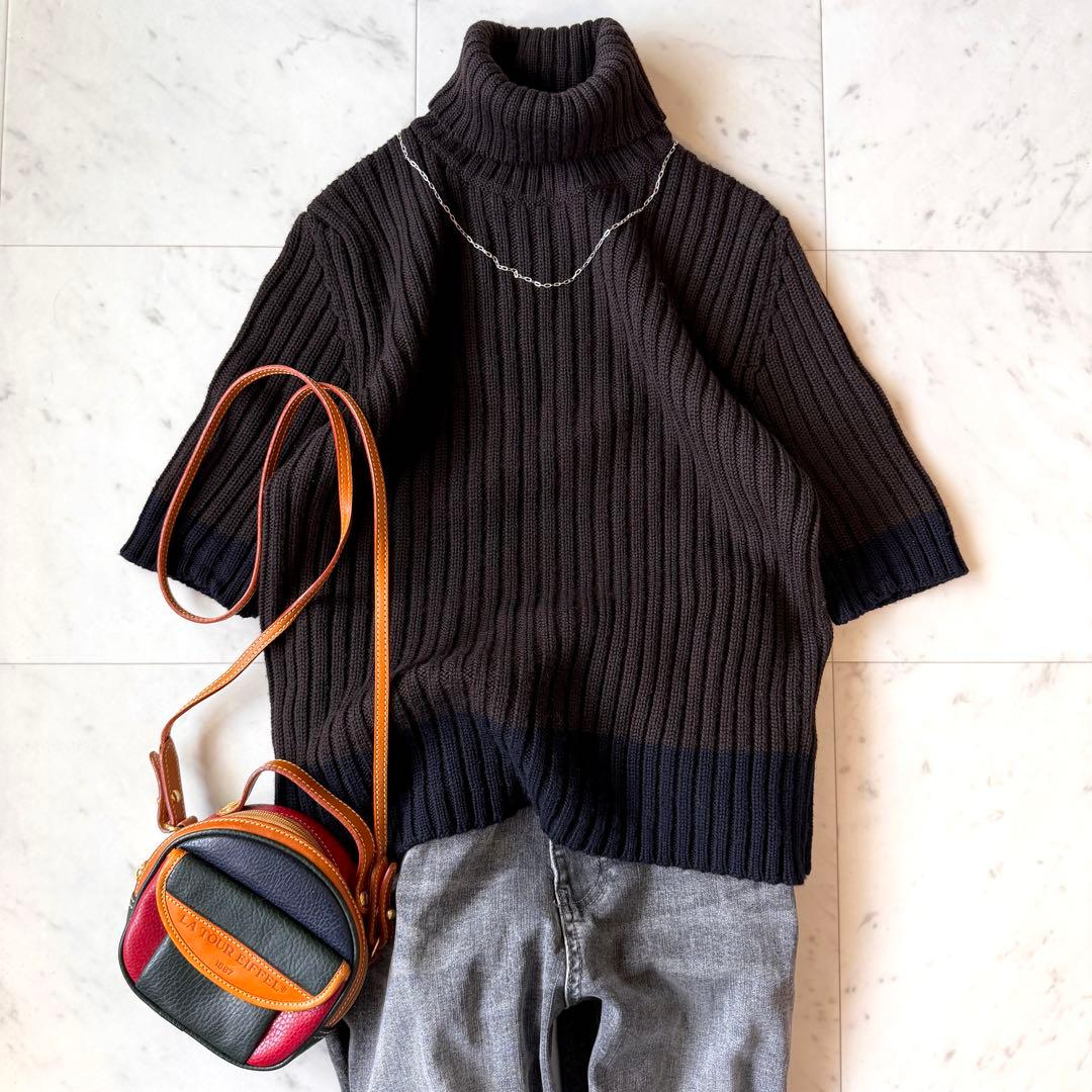 美品 マックスマーラ 白タグ 洗えるリブタートルネックニット ブラウン 半袖 L マックスマーラ】白タグ 洗えるタートルネックニット 半袖 カシミヤ混