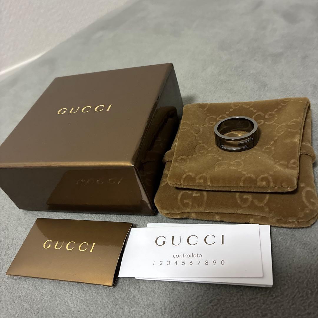 【美品】GUCCI ガンメタ(ブラック)Gロゴリング #17号／箱・ポーチ付属／ グッチ GUCCI グッチ GUCCI 225985 I19A1 リング ICON THIN BAND IN