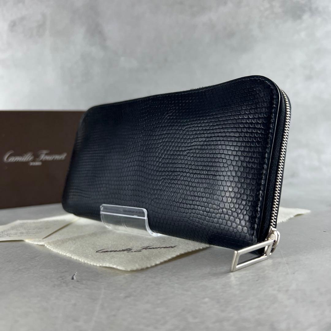 現行✨ カミーユフォルネ リザード 長財布 ラウンドファスナー レザー 黒色