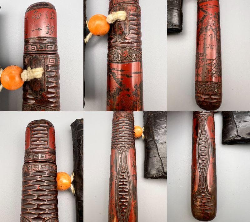 江戸明治時代 極上山水詩堆朱絵 秀心翁在銘 タバコ入 大玉珊瑚根