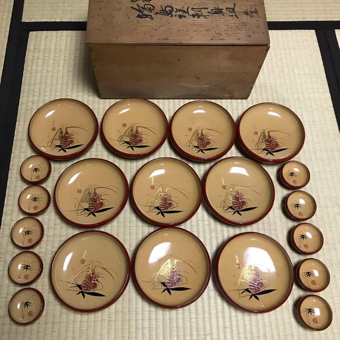 輪島塗 刺身皿10客セット漆器 エビと竹のデザインセット