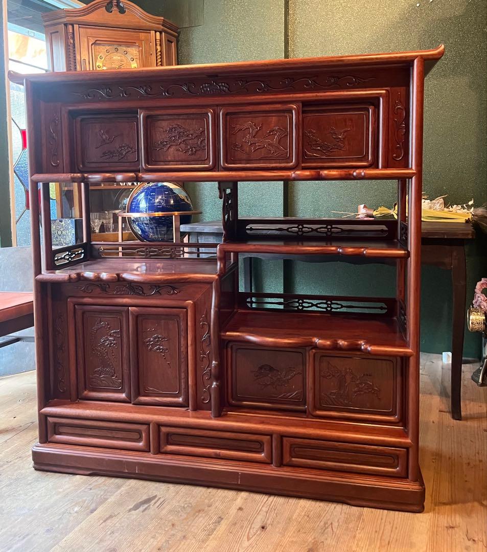 美品 茶箪笥 飾り棚 茶棚 紫檀 アンティーク 唐木 インテリア 松透彫り