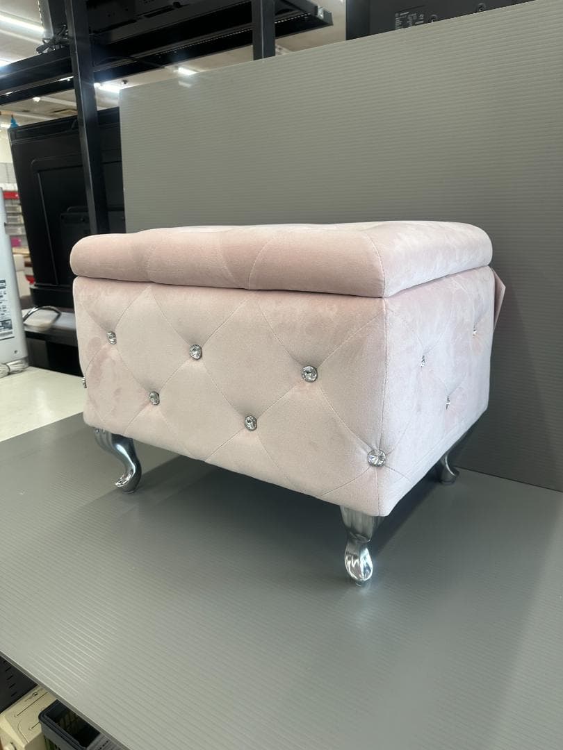 ベルベット＆クリスタルボタン付き オットマン スツール 収納付き ピンク