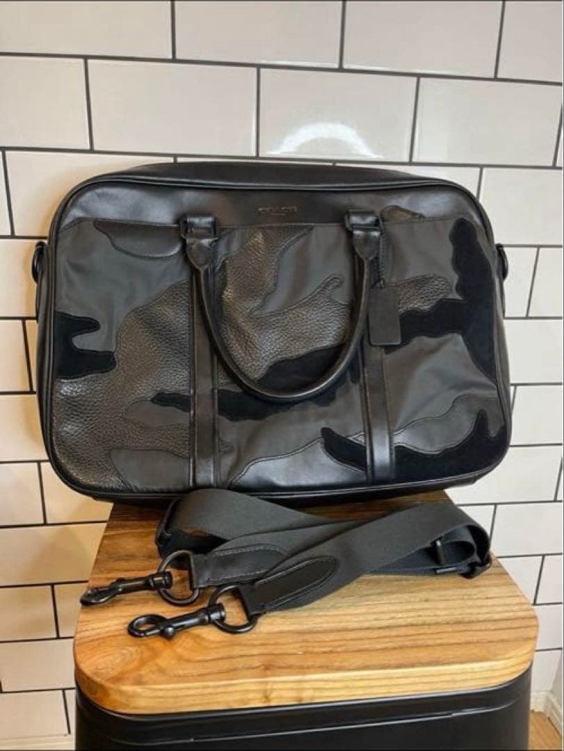 【COACH 】美品　ビジネスバッグ 2way 迷彩 レザー スエード 黒！