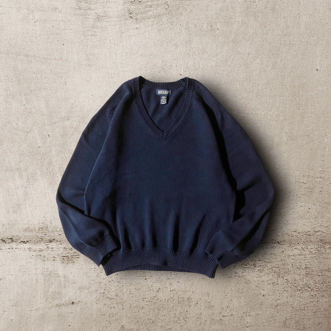 USA製90s LANDS'ENDランズエンドコットンニットVネックセーター紺M