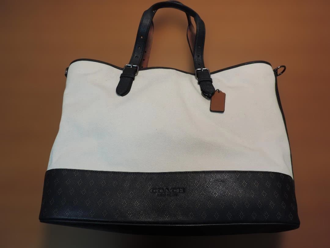 COACH/コーチ　メンズ　トートバッグ　キャンバス×レザー　白×紺　403K☆