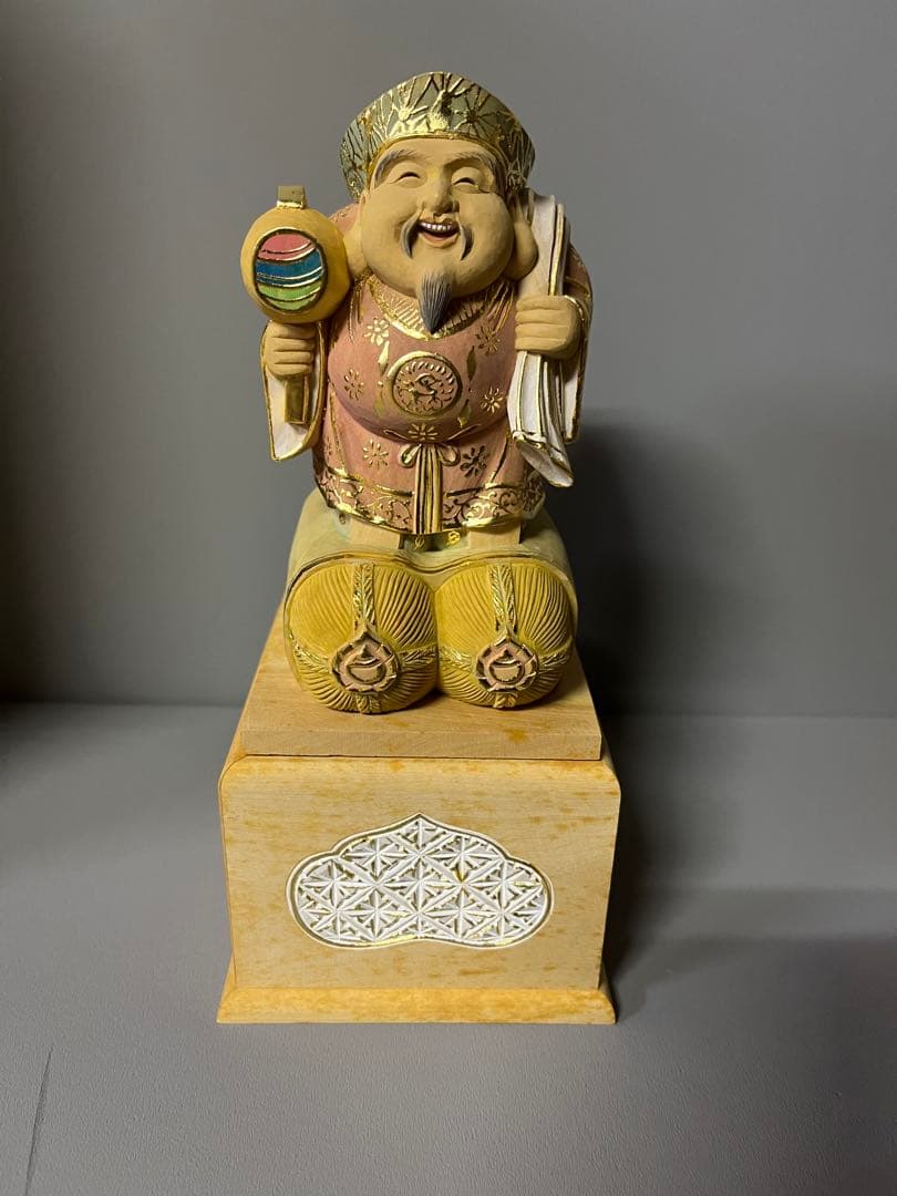 柘植　木彫　大黒天　彩色　縁起物　37 木彫り仏像 【小仏】柘植三面出世大黒天 淡彩色 比叡山形三面大黒天