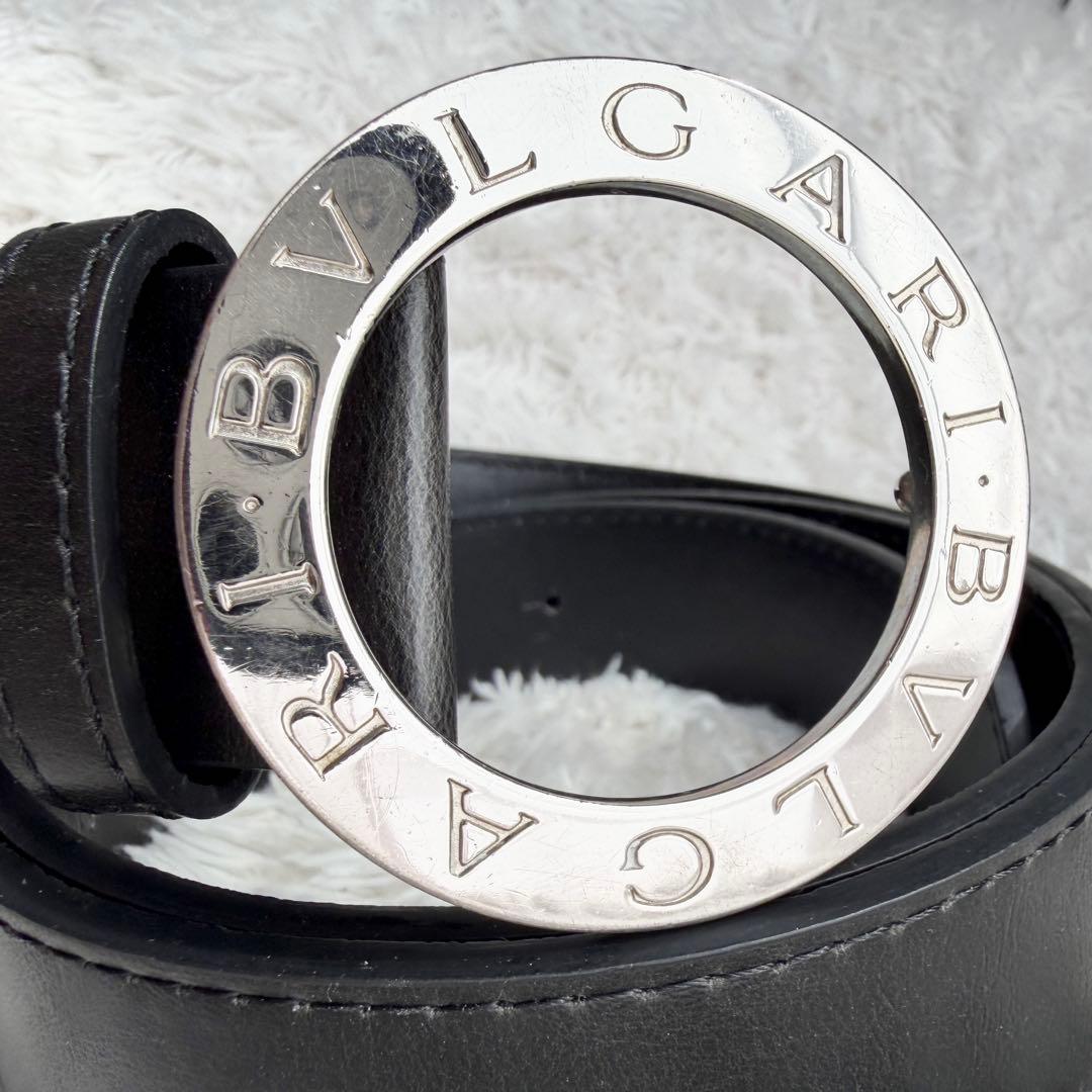 【美品】ブルガリ ベルト ロゴマニア サークルロゴ シルバー金具 ブラック