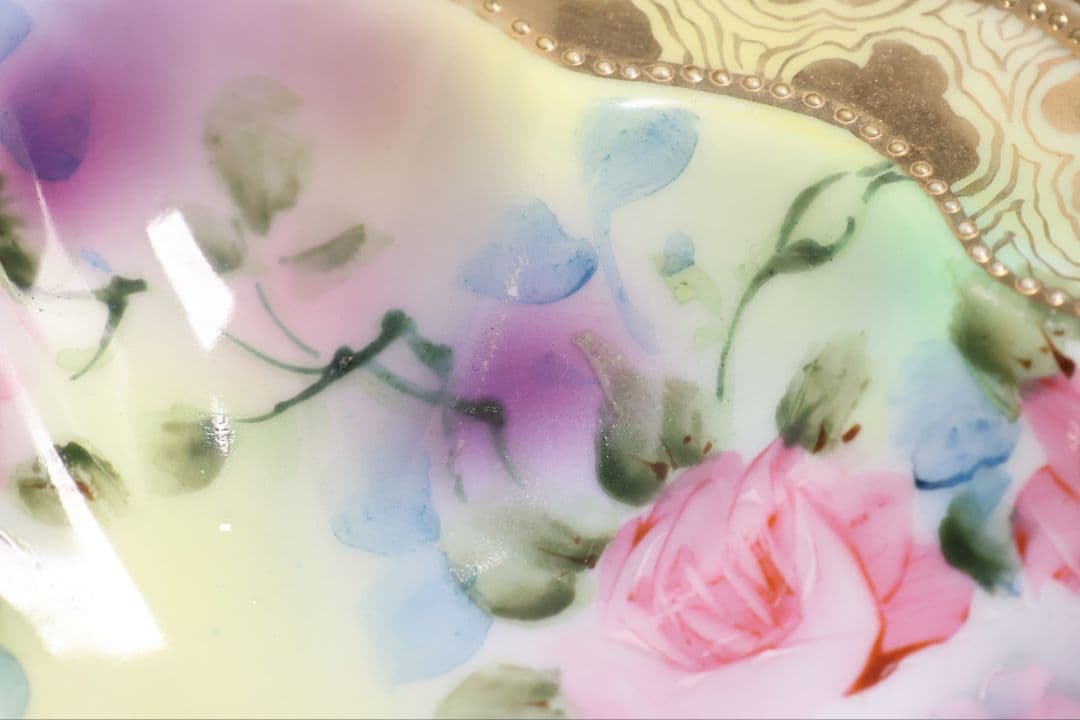 CM297】オールドノリタケ 花 皿 薔薇 パンジー 金彩 イエロー 黄色