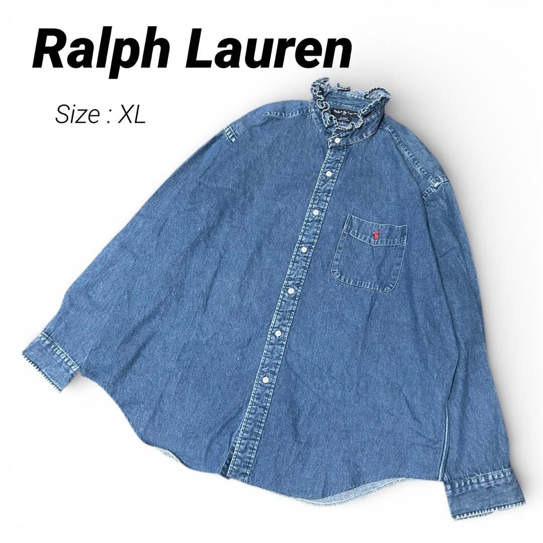 希少！大きいサイズ！ラルフローレン フリルデニムシャツ ブラウス インディゴ