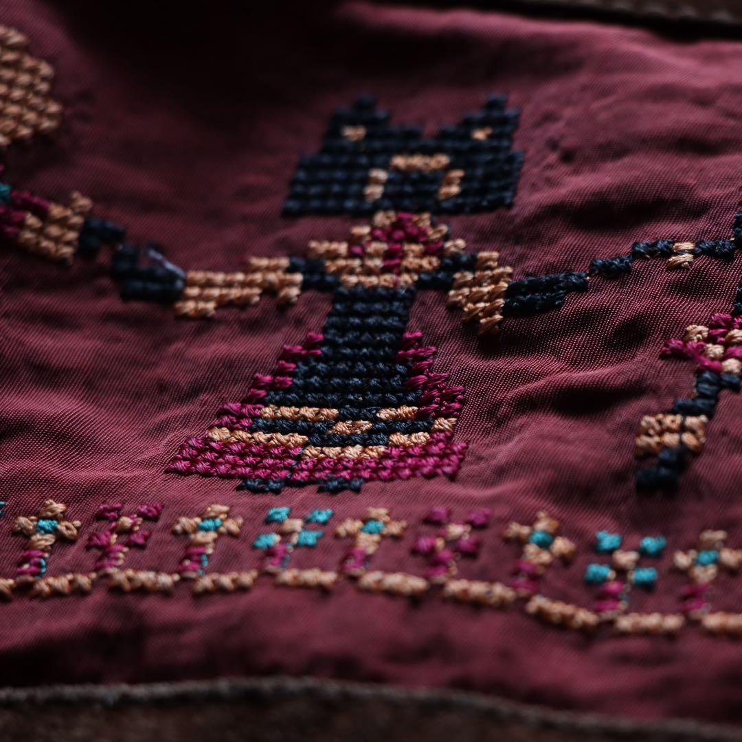 90s ブラウン レザースエードジャケット 刺繍 ファー襟 キルティング