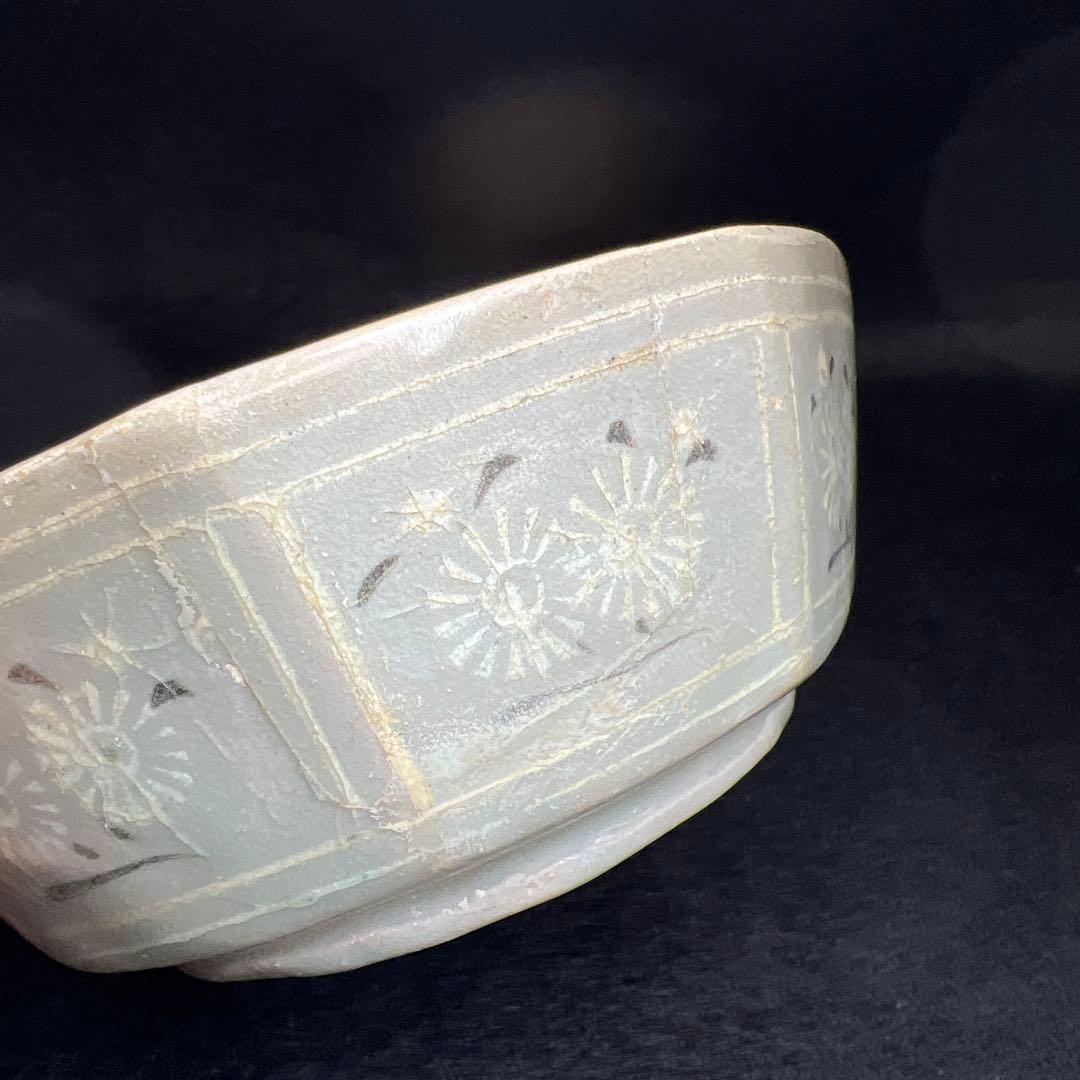 16世紀 高麗青磁 上手白泥象嵌八角鉢4客 幅約11.5㎝