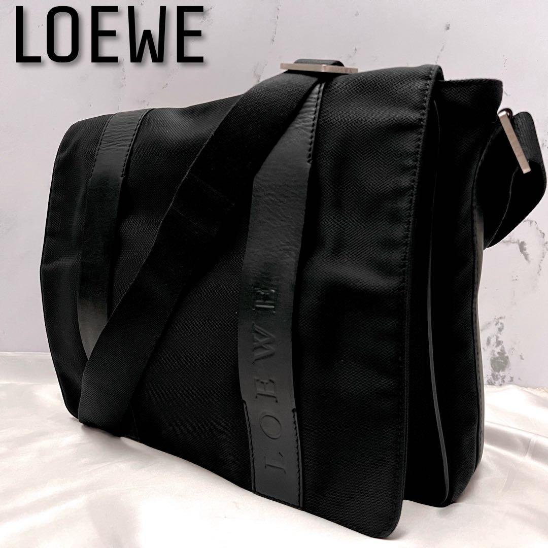 ✨極美品✨ロエベ　大容量メッセンジャーバッグ　キャンバス×レザー　ブラック 価格相談可能】ほぼ未使用 LOEWE ロエベ ミリタリー メッセンジャー