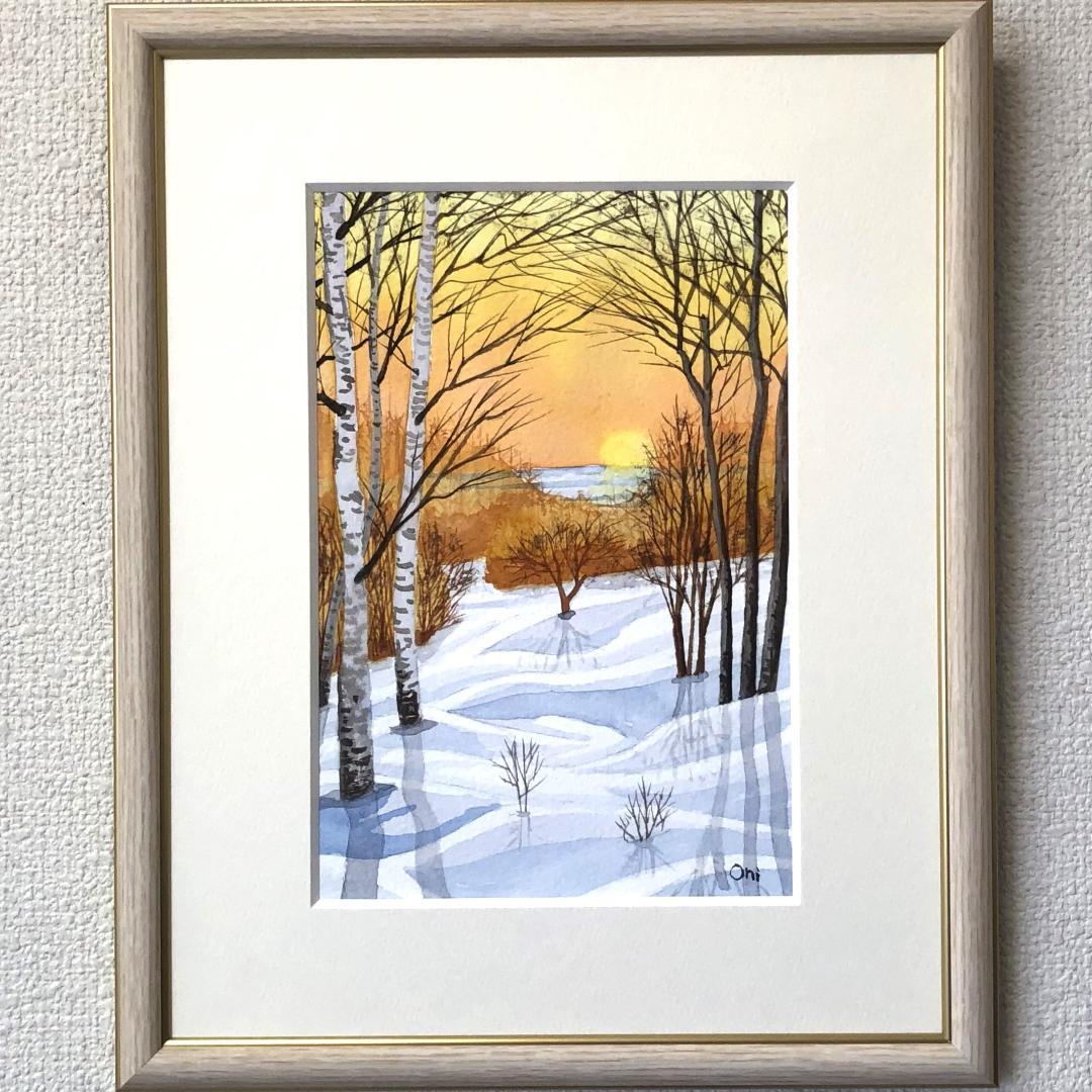 透明水彩画　原画　「雪原の朝焼け02」額縁付　SMサイズ　風景画