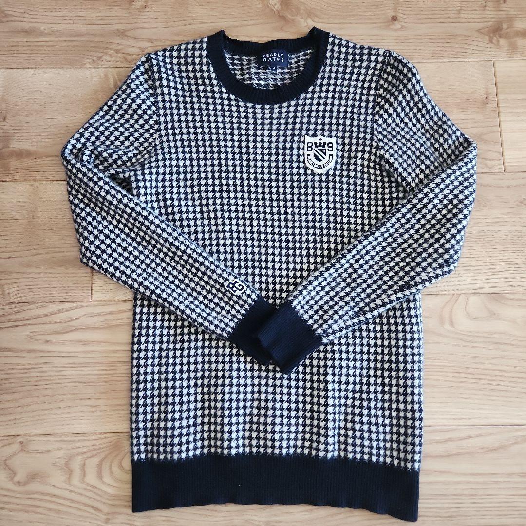 パーリーゲイツ 千鳥格子 カシミヤ混 ニット メンズ PEARLY GATES 美品】パーリーゲイツ セーター 白×ネイビー 千鳥格子 カシミヤ混
