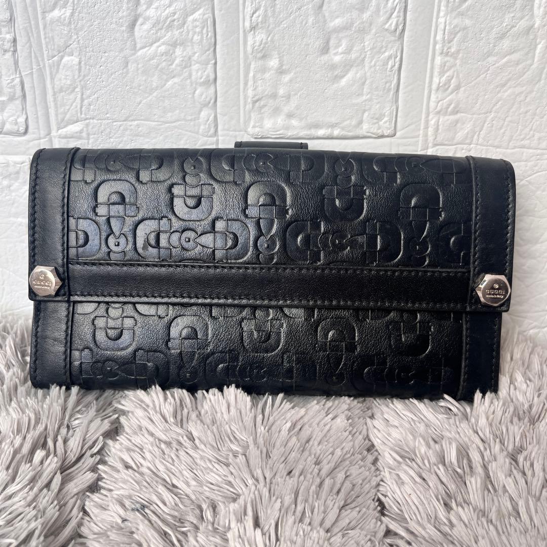 美品✨GUCCI ホースビット型押し　レザー　ロゴ金具　ブラック　長財布