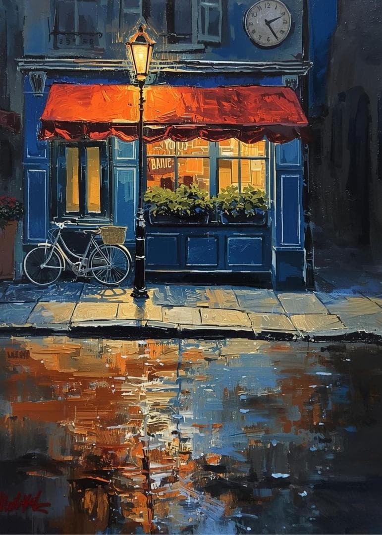 2026 夜の青いカフェ自転車と水たまり風景画アートポスター油彩風飾
