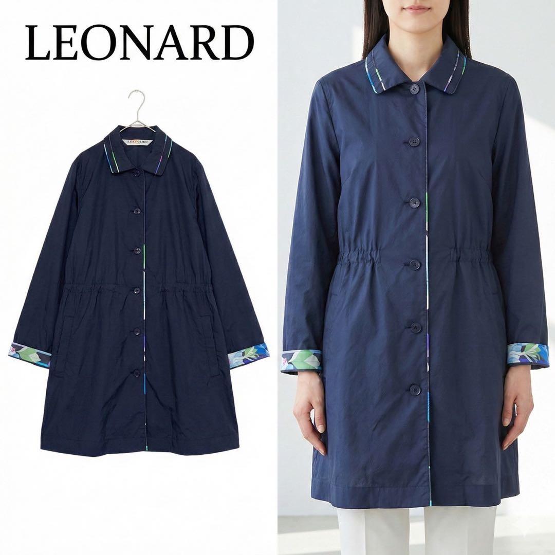 P6 美品 L レオナール 袖花柄 ナイロンジャケット ネイビー レディース