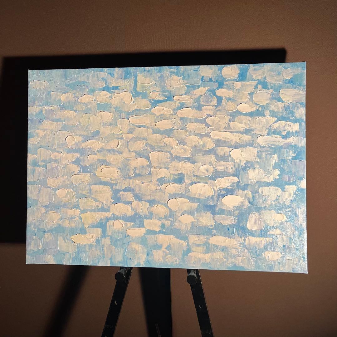 ★秀作★ 手書き油絵 スカイブルー 肉筆絵画 インテリア 油彩画