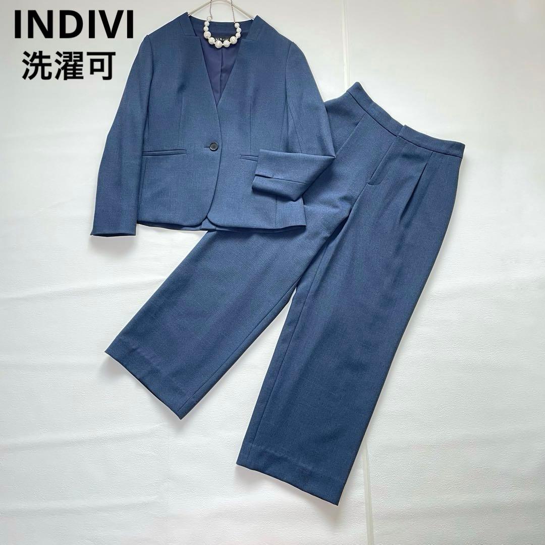 インディヴィ ノーカラー ワイドパンツスーツ ネイビー ストレッチ 洗える