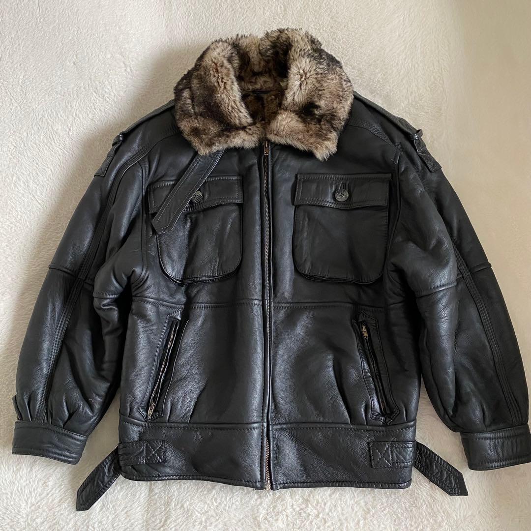 【美品】スペイン製　リアルムートン　レザーフライトジャケット　ブラック　L