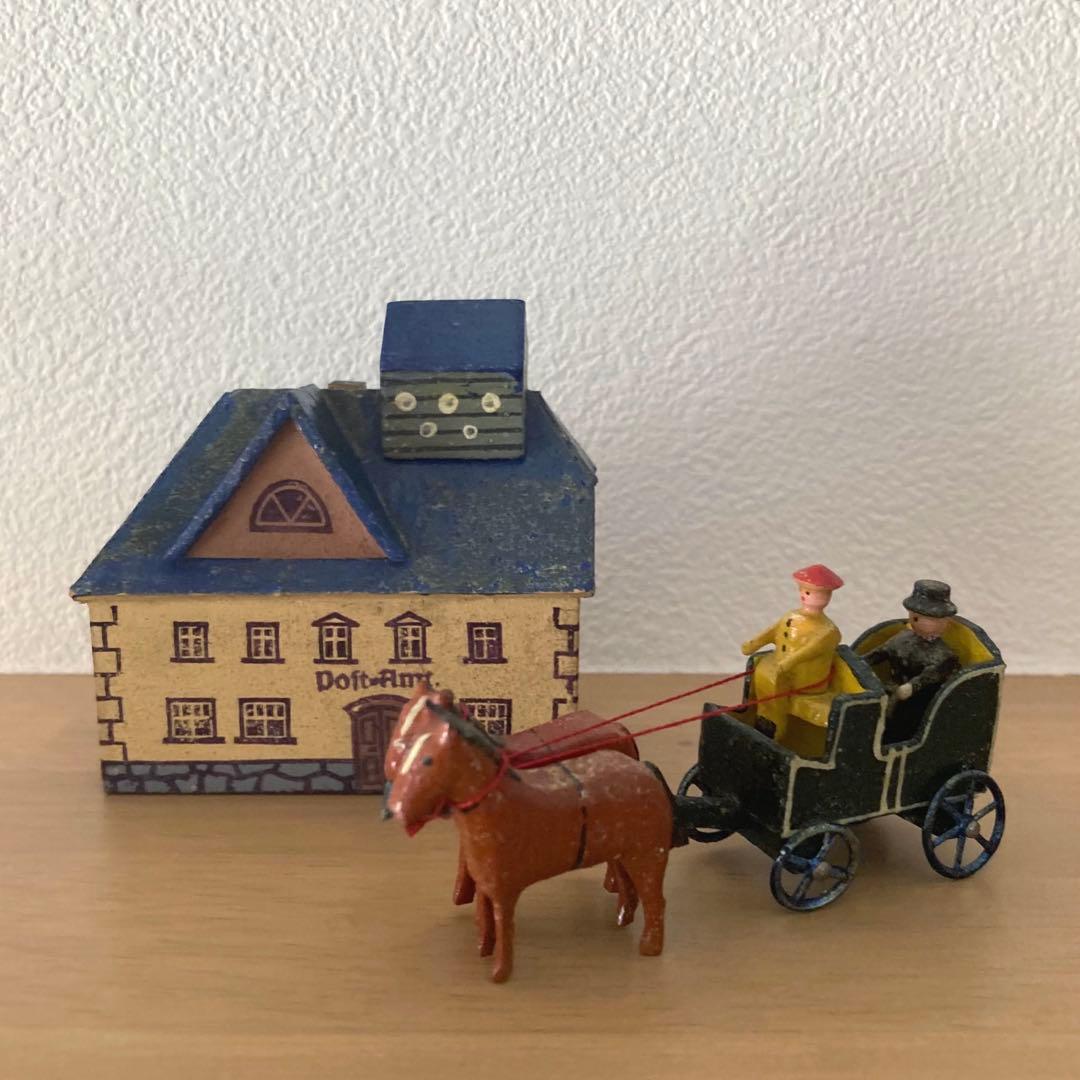 WF-35 ドイツアンティークミニチュア小さな小さな木製馬車＆素敵な建物のセット