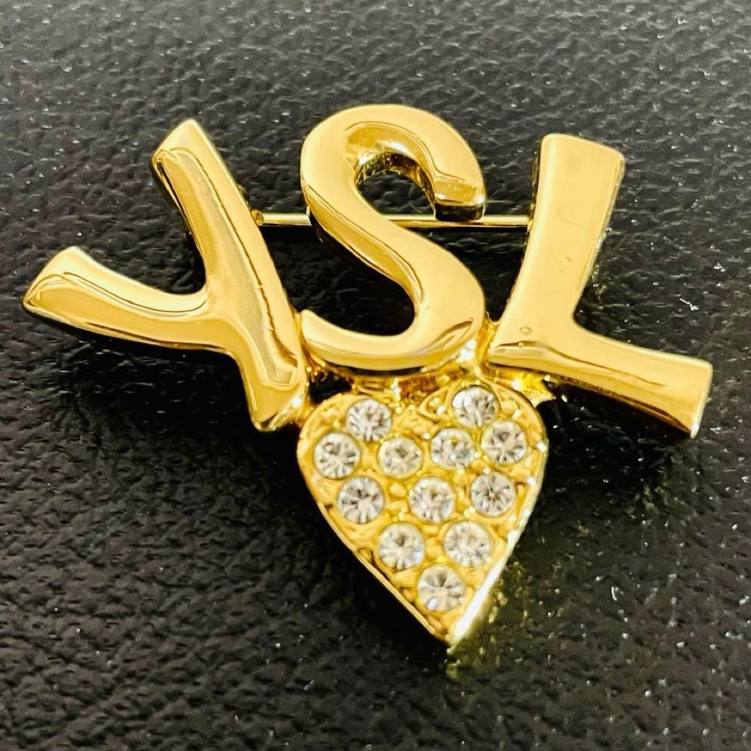 【美品/刻印】サンローラン YSL ロゴ ハート ピカピカ ブローチ ゴールド