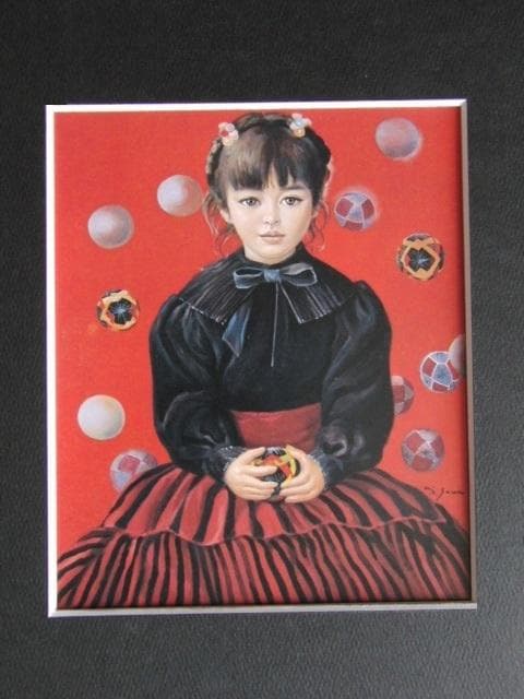 芝田米三、童女と手まり、希少画な集画、状態良好、新品高級額・額装付
