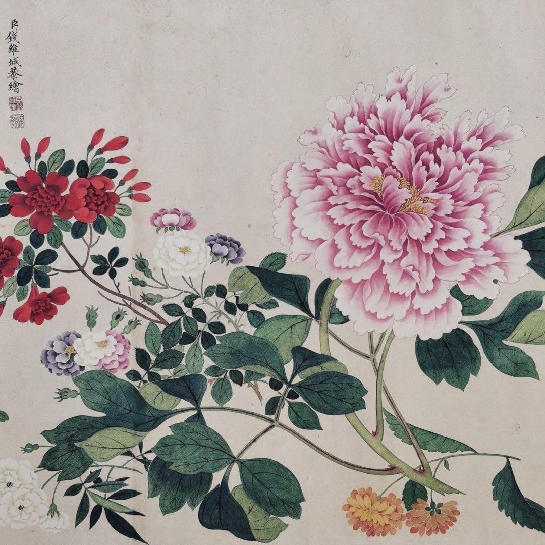 大型長巻 钱维城 万有同春 花鳥図 中国絵画 掛け軸 巻物 和室・床の間