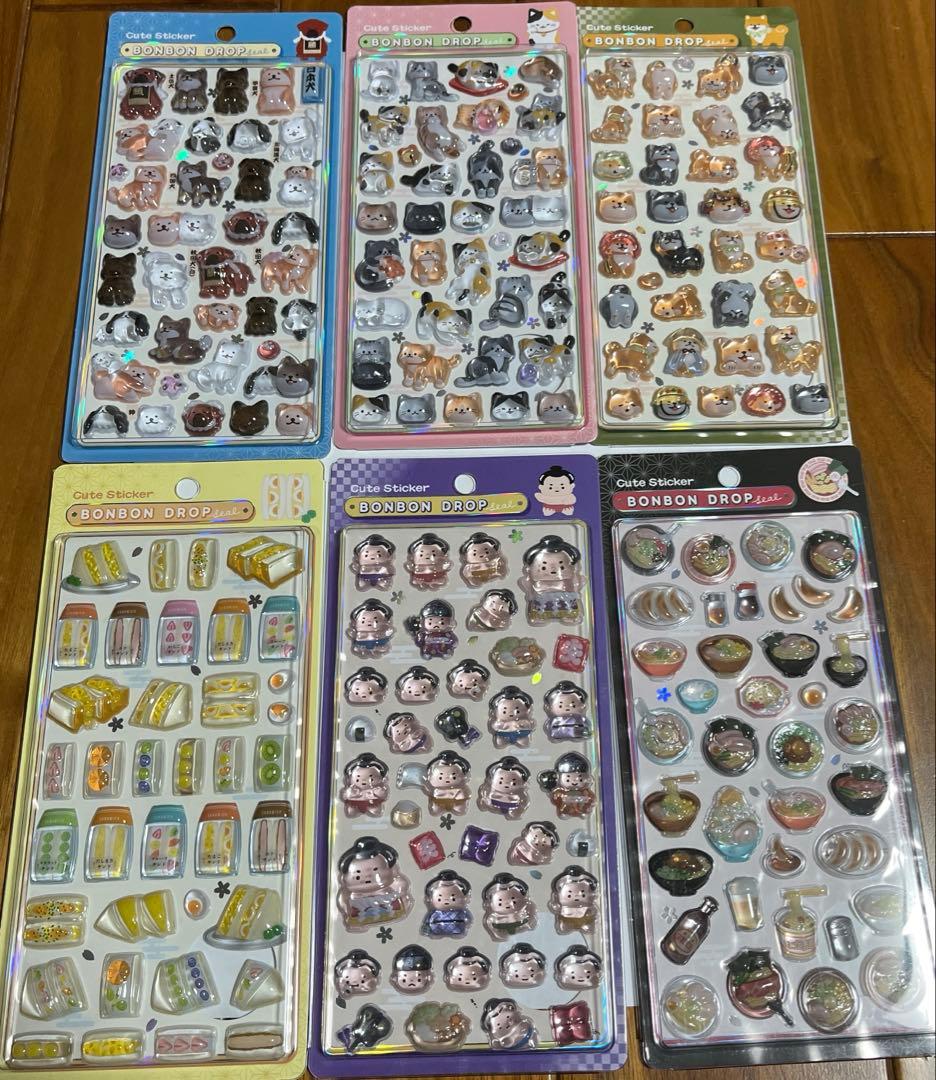 ボンボンドロップシール　和柄6枚　日本犬　猫　柴犬　たまごサンド　相撲　ラーメン