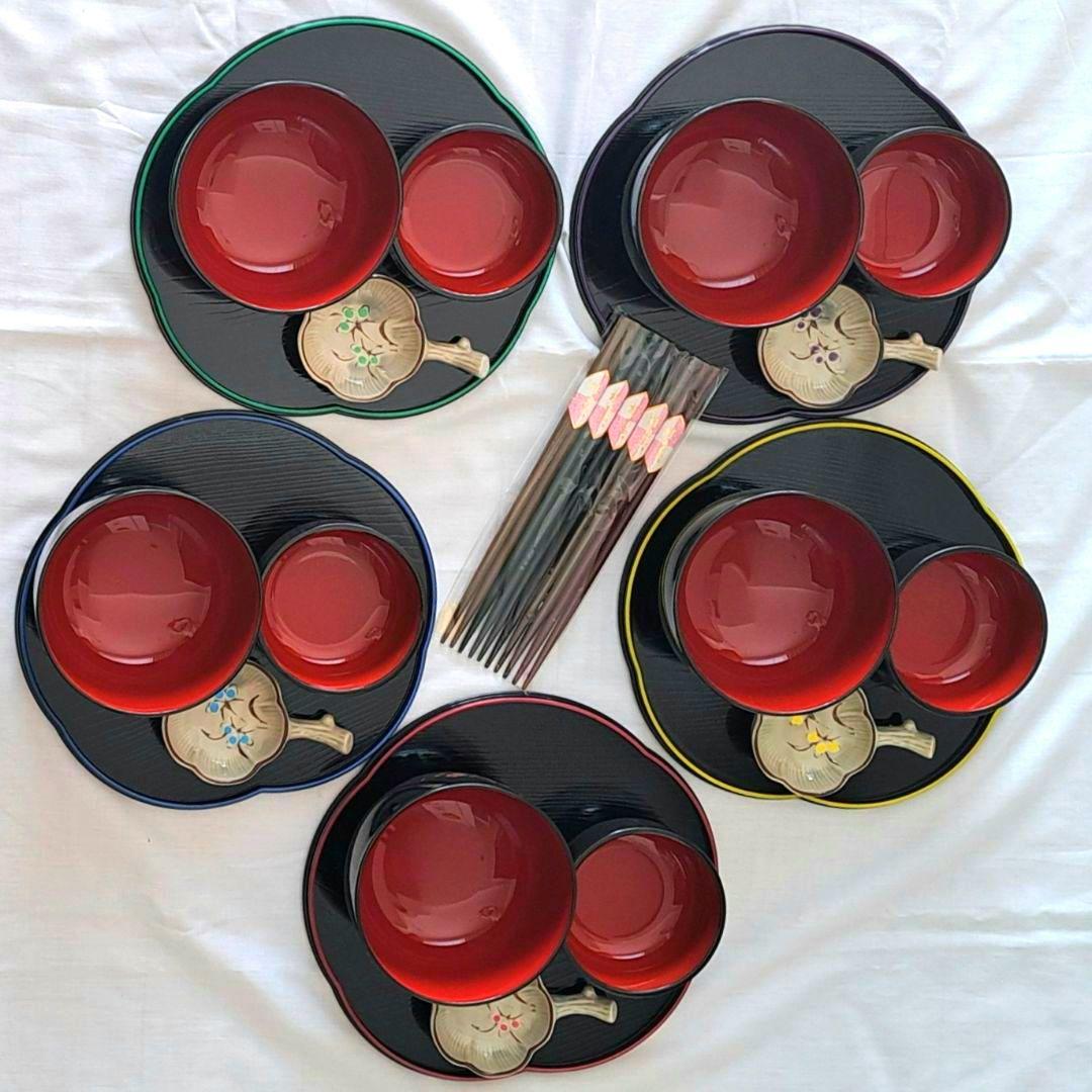 未使用】桂由美 花柄和食器 5点×5客セット お椀大・お椀小・お盆・小皿